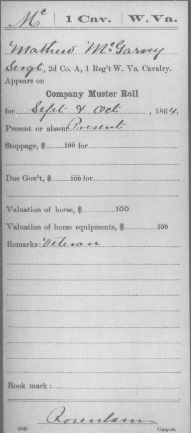September and October 1864 company muster roll identifying Matthew McGarvey as a sergeant and veteran