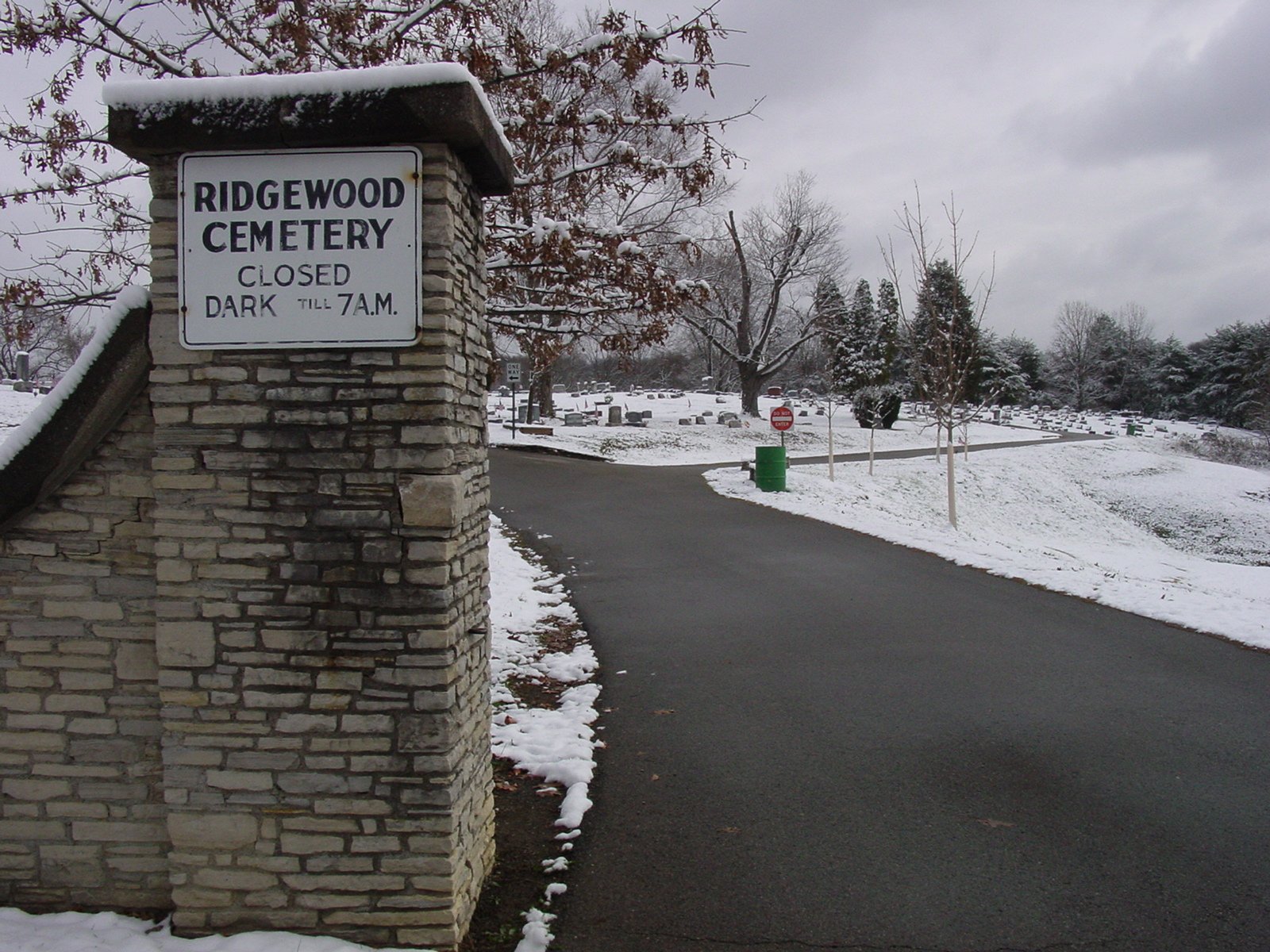 Ridgewood Cemetery entrance in snow