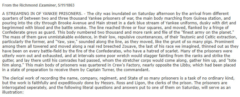 Richmond Examiner May 11 1863 prisoner intake