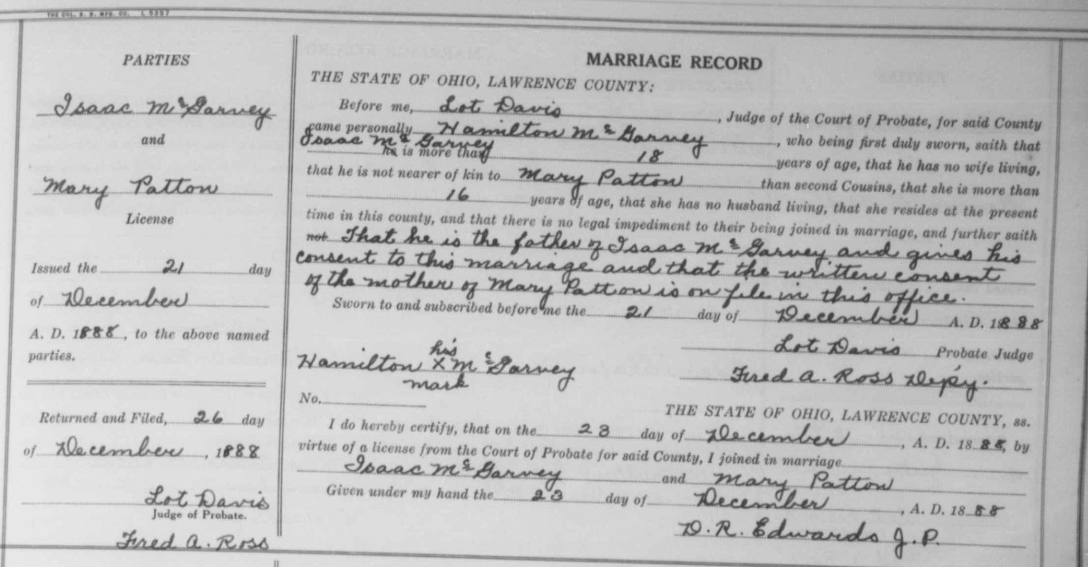 1888 marriage certificate for Isaac McGarvey and Mary Patton