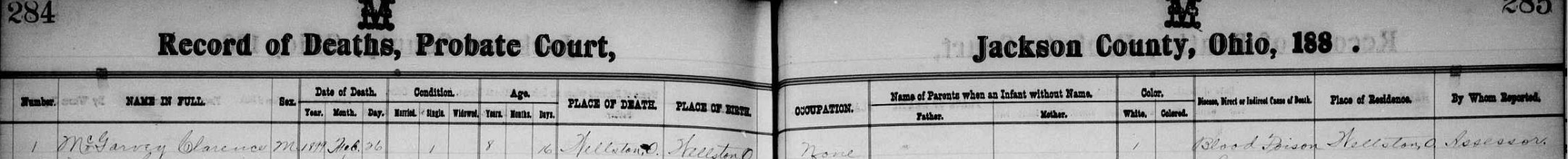 Death record for Clarence McGarvey in Jackson County, Ohio