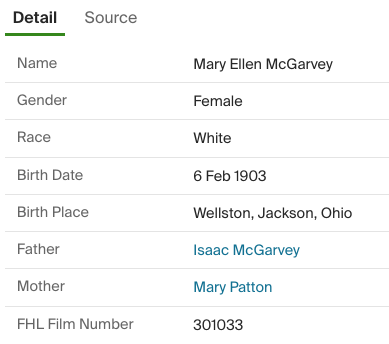 Birth index for Mary Ellen McGarvey