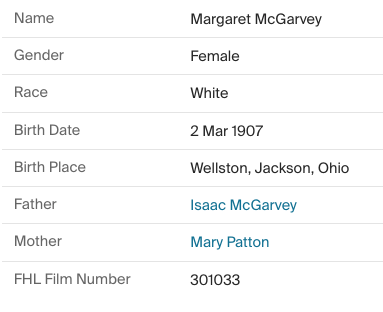 Birth index for Margaret McGarvey
