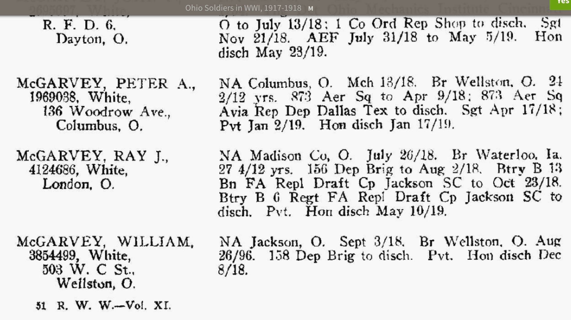 World War I service record entry for William McGarvey of Wellston, Ohio