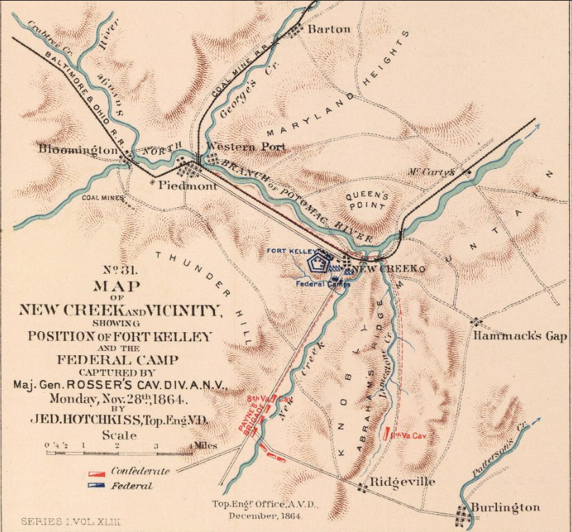 Map of New Creek and vicinity showing Fort Kelley and the Federal camp captured by Rosser's cavalry