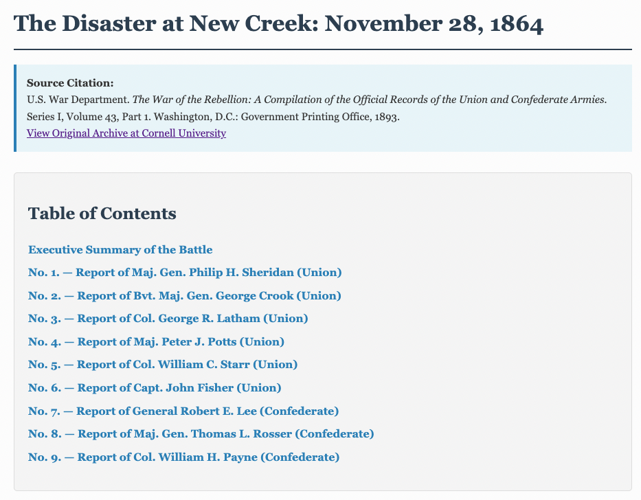 Official Records transcription of the capture of New Creek